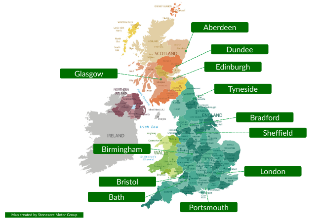 Map of the UK showing CAZ, ULEZ and LEZ
