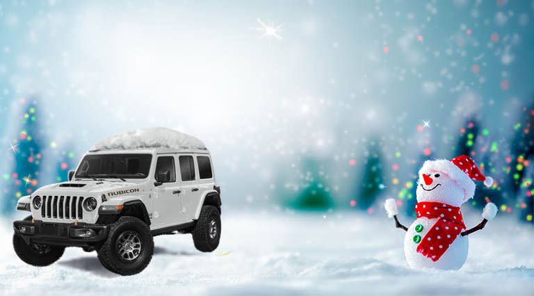 Frosty the snowman driving Jeep Rubicon
