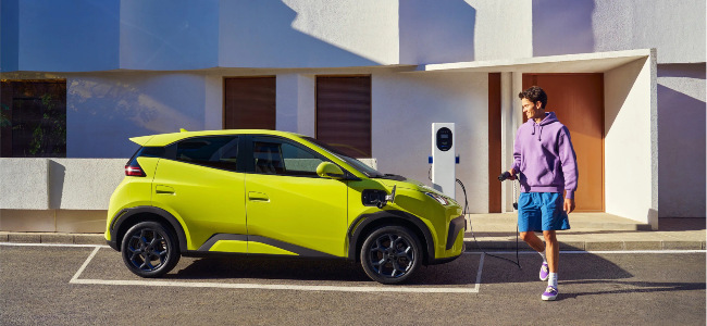 A man about to charge a BYD Dolphin Surf on a street