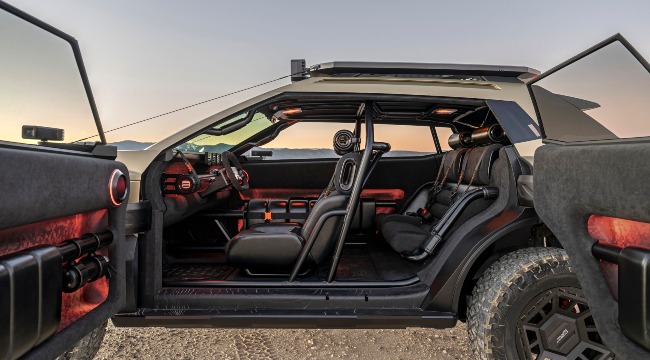 Side profile of the Hyundai CRATER concept with open doors showing the interior
