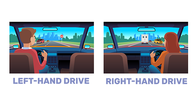 Differences between right handed and left handed driving. Man and woman riding on road, automobile interior, character back view. Driver in car cartoon flat style.png