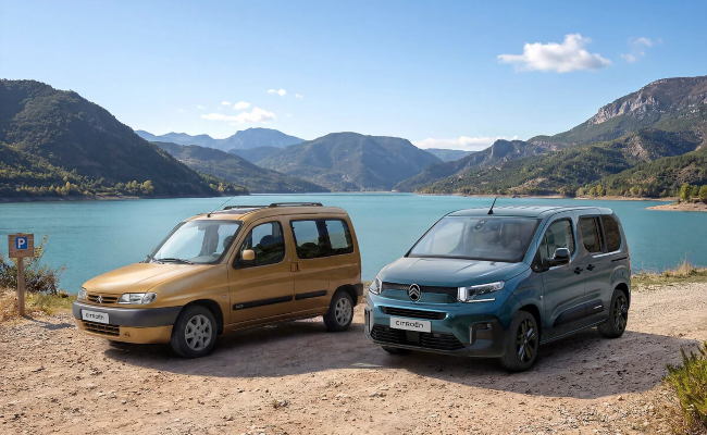 Old and new Citroen Berlingo parked next to each other on a cliffside 