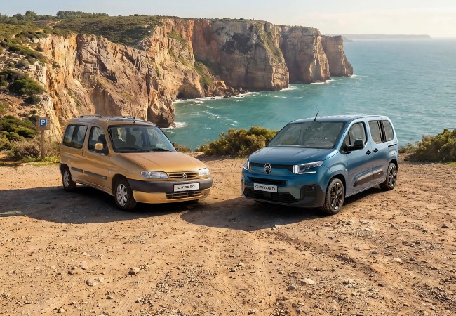 First and latest generation of Citroen Berlingo cars next to one another on a cliff-side road